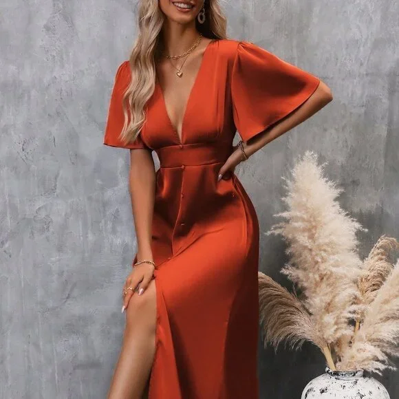 Orange Preppy Womens Plunging Neck Butterfly Sleeve Split Thigh Satin Dress - Picture 1 of 5